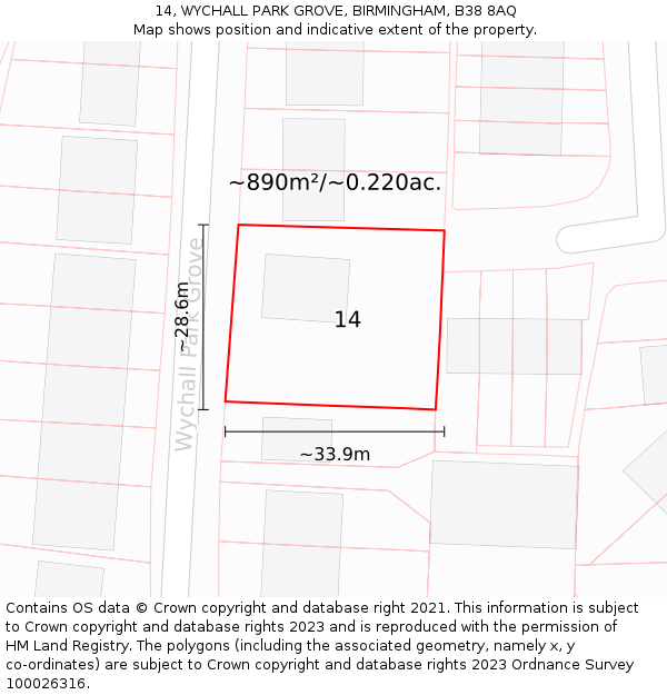 14, WYCHALL PARK GROVE, BIRMINGHAM, B38 8AQ: Plot and title map