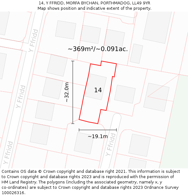 14, Y FFRIDD, MORFA BYCHAN, PORTHMADOG, LL49 9YR: Plot and title map