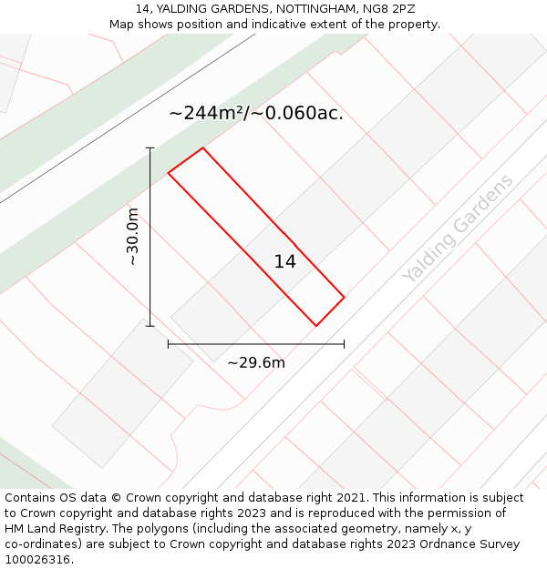 14, YALDING GARDENS, NOTTINGHAM, NG8 2PZ: Plot and title map