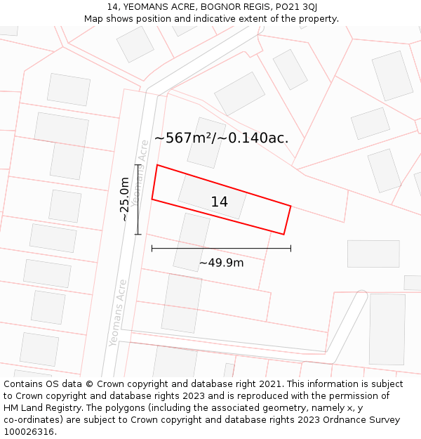 14, YEOMANS ACRE, BOGNOR REGIS, PO21 3QJ: Plot and title map