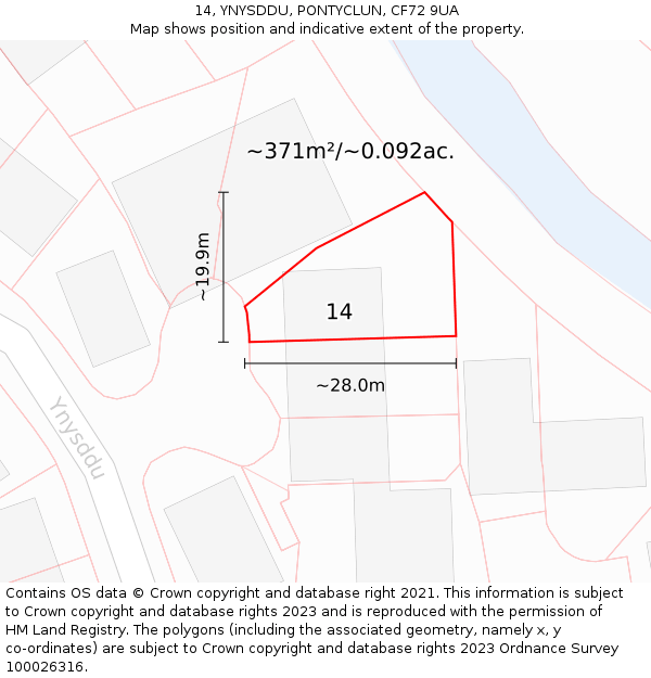 14, YNYSDDU, PONTYCLUN, CF72 9UA: Plot and title map