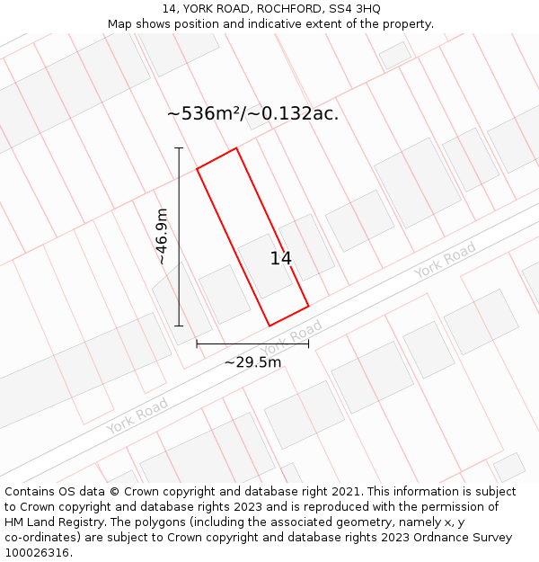 14, YORK ROAD, ROCHFORD, SS4 3HQ: Plot and title map