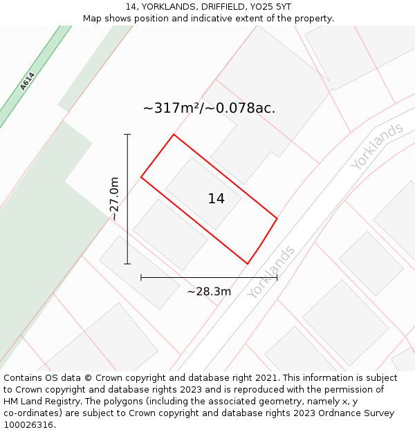 14, YORKLANDS, DRIFFIELD, YO25 5YT: Plot and title map