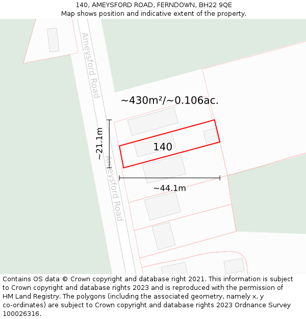 140, AMEYSFORD ROAD, FERNDOWN, BH22 9QE: Plot and title map