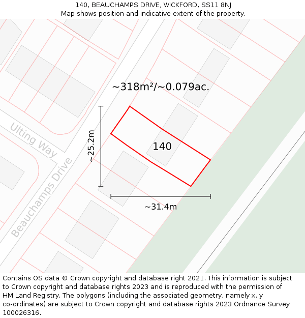 140, BEAUCHAMPS DRIVE, WICKFORD, SS11 8NJ: Plot and title map