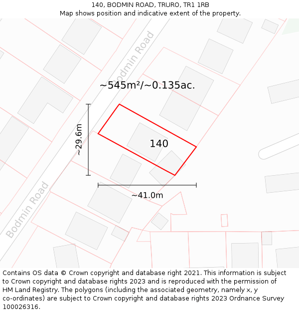 140, BODMIN ROAD, TRURO, TR1 1RB: Plot and title map