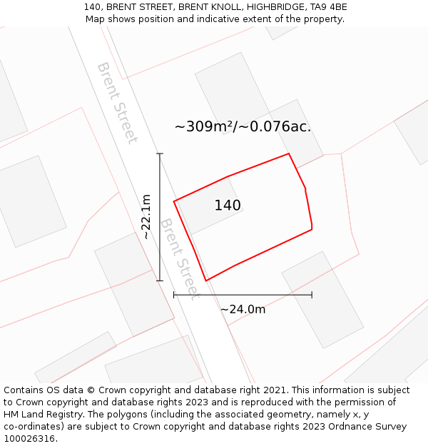 140, BRENT STREET, BRENT KNOLL, HIGHBRIDGE, TA9 4BE: Plot and title map