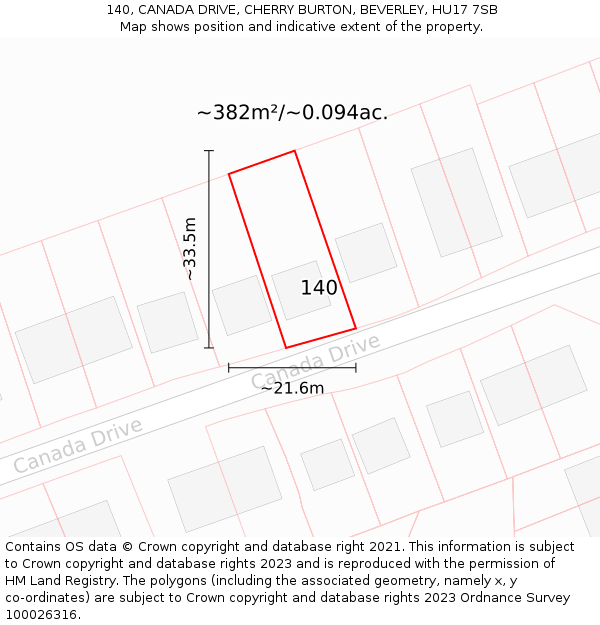 140, CANADA DRIVE, CHERRY BURTON, BEVERLEY, HU17 7SB: Plot and title map