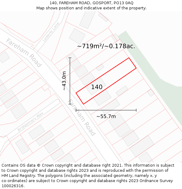 140, FAREHAM ROAD, GOSPORT, PO13 0AQ: Plot and title map