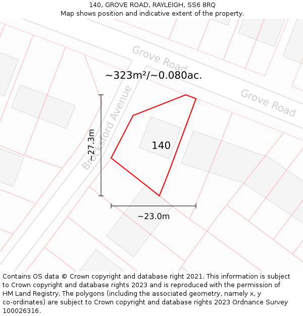 140, GROVE ROAD, RAYLEIGH, SS6 8RQ: Plot and title map