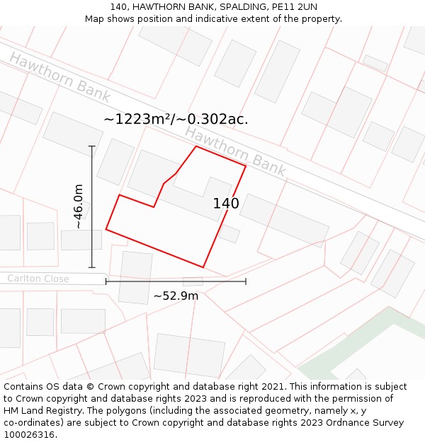 140, HAWTHORN BANK, SPALDING, PE11 2UN: Plot and title map