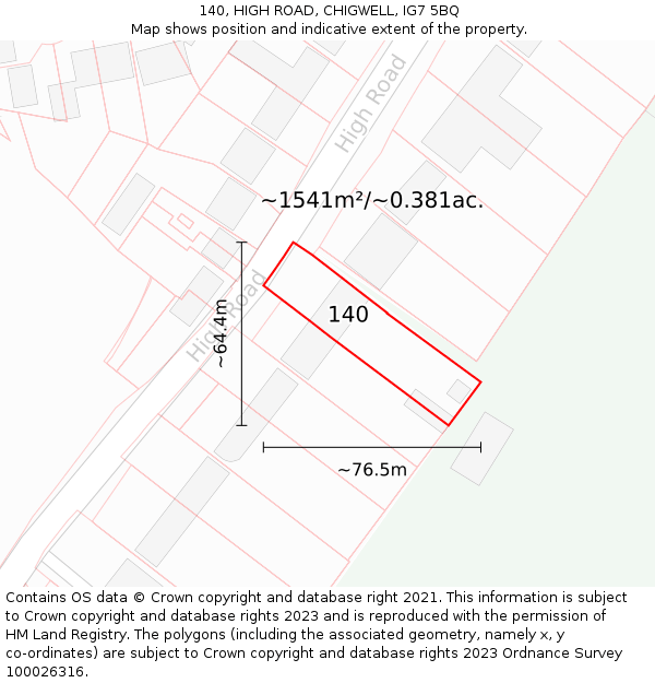 140, HIGH ROAD, CHIGWELL, IG7 5BQ: Plot and title map