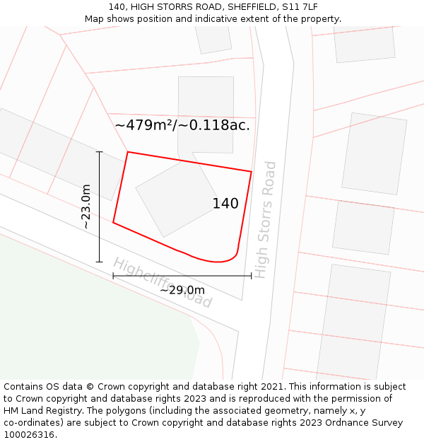 140, HIGH STORRS ROAD, SHEFFIELD, S11 7LF: Plot and title map