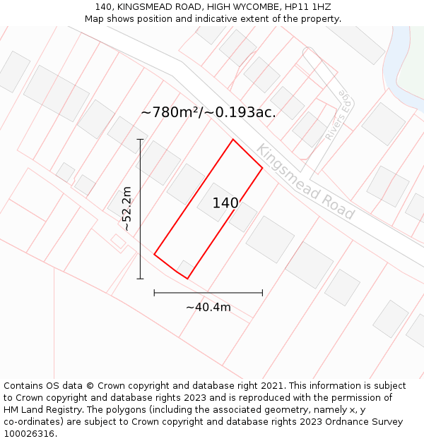 140, KINGSMEAD ROAD, HIGH WYCOMBE, HP11 1HZ: Plot and title map