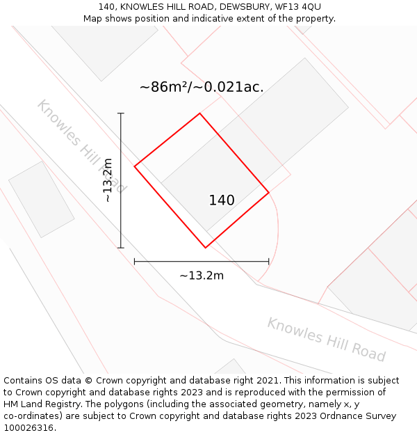 140, KNOWLES HILL ROAD, DEWSBURY, WF13 4QU: Plot and title map