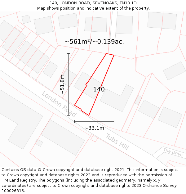 140, LONDON ROAD, SEVENOAKS, TN13 1DJ: Plot and title map