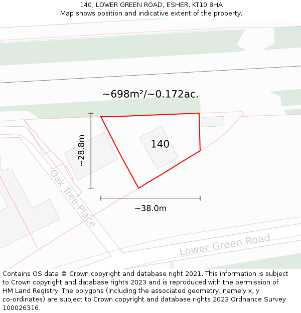 140, LOWER GREEN ROAD, ESHER, KT10 8HA: Plot and title map