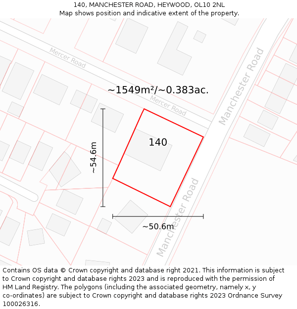 140, MANCHESTER ROAD, HEYWOOD, OL10 2NL: Plot and title map