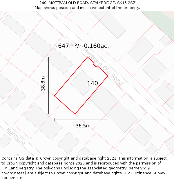 140, MOTTRAM OLD ROAD, STALYBRIDGE, SK15 2SZ: Plot and title map