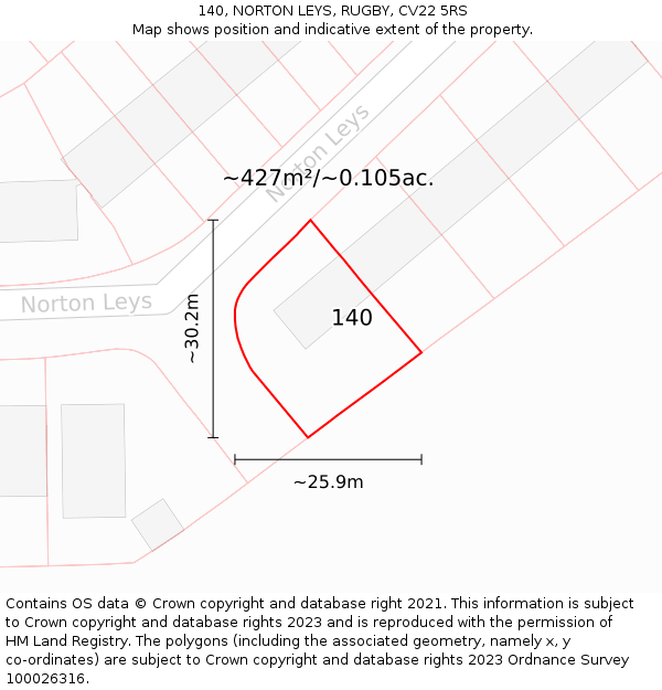 140, NORTON LEYS, RUGBY, CV22 5RS: Plot and title map