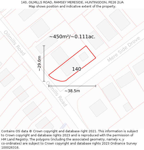 140, OILMILLS ROAD, RAMSEY MERESIDE, HUNTINGDON, PE26 2UA: Plot and title map