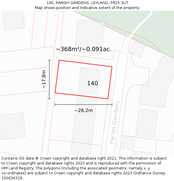 140, PARISH GARDENS, LEYLAND, PR25 3UT: Plot and title map