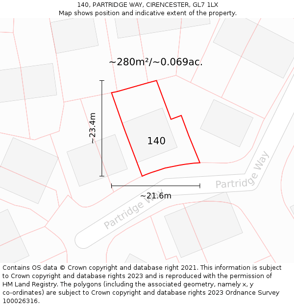 140, PARTRIDGE WAY, CIRENCESTER, GL7 1LX: Plot and title map