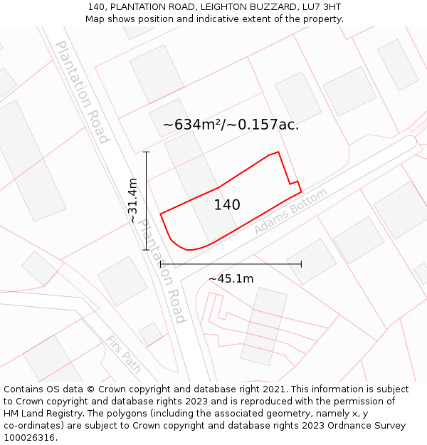 140, PLANTATION ROAD, LEIGHTON BUZZARD, LU7 3HT: Plot and title map