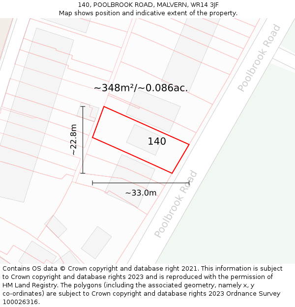 140, POOLBROOK ROAD, MALVERN, WR14 3JF: Plot and title map