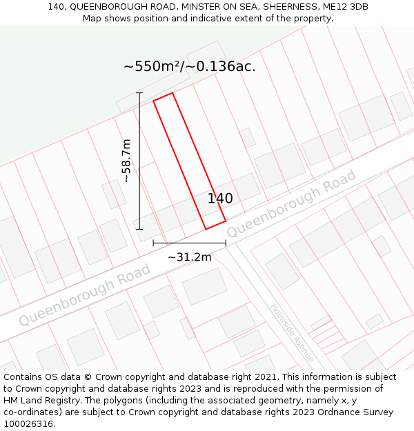 140, QUEENBOROUGH ROAD, MINSTER ON SEA, SHEERNESS, ME12 3DB: Plot and title map