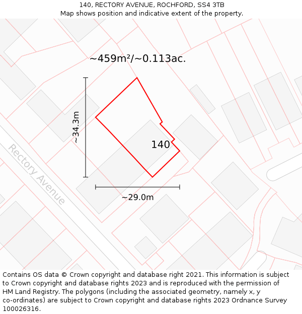 140, RECTORY AVENUE, ROCHFORD, SS4 3TB: Plot and title map