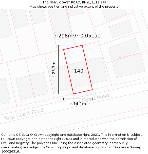 140, RHYL COAST ROAD, RHYL, LL18 3PR: Plot and title map