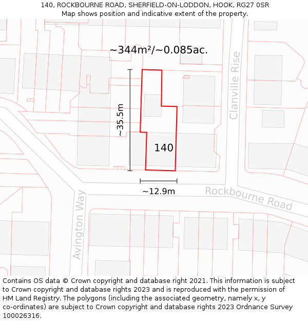 140, ROCKBOURNE ROAD, SHERFIELD-ON-LODDON, HOOK, RG27 0SR: Plot and title map