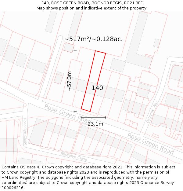 140, ROSE GREEN ROAD, BOGNOR REGIS, PO21 3EF: Plot and title map