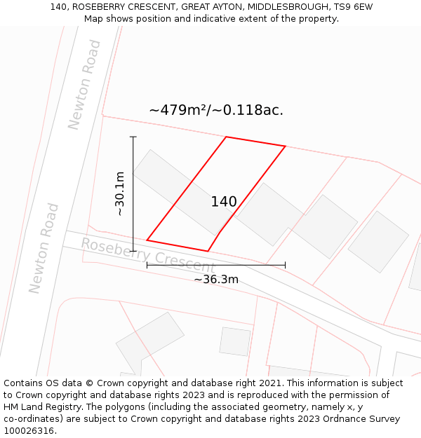 140, ROSEBERRY CRESCENT, GREAT AYTON, MIDDLESBROUGH, TS9 6EW: Plot and title map