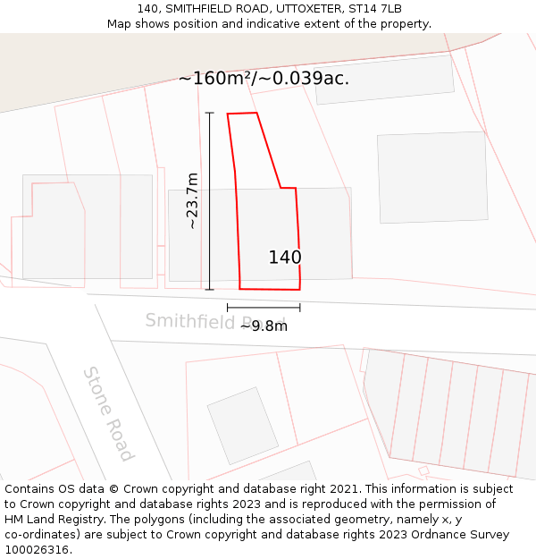 140, SMITHFIELD ROAD, UTTOXETER, ST14 7LB: Plot and title map
