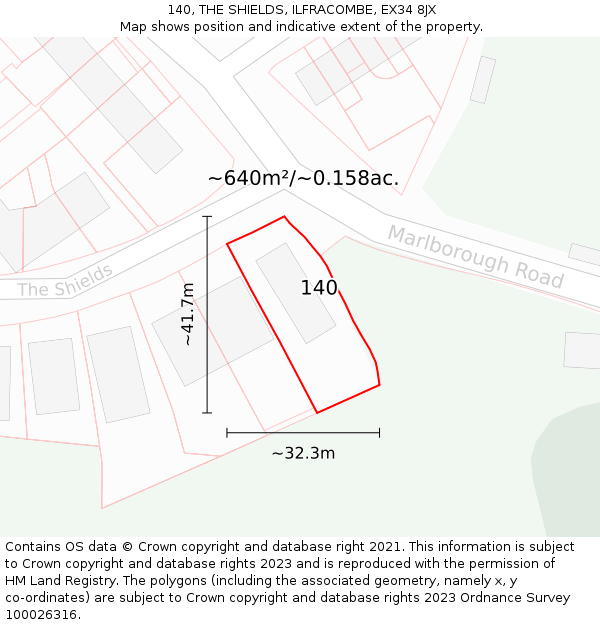 140, THE SHIELDS, ILFRACOMBE, EX34 8JX: Plot and title map