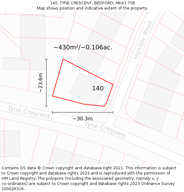 140, TYNE CRESCENT, BEDFORD, MK41 7YB: Plot and title map