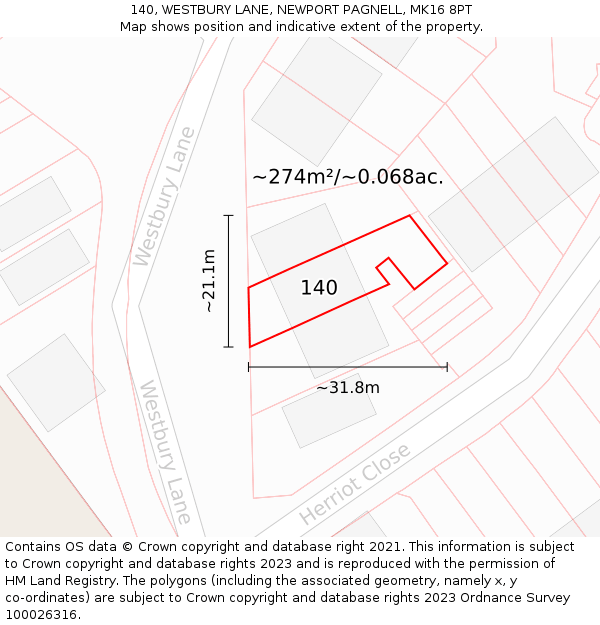 140, WESTBURY LANE, NEWPORT PAGNELL, MK16 8PT: Plot and title map