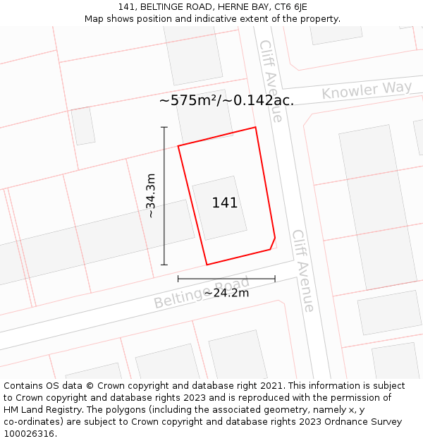 141, BELTINGE ROAD, HERNE BAY, CT6 6JE: Plot and title map