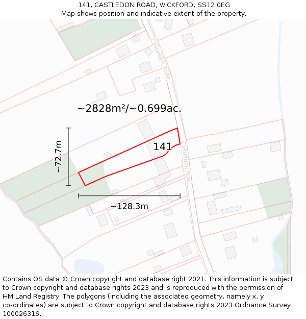 141, CASTLEDON ROAD, WICKFORD, SS12 0EG: Plot and title map