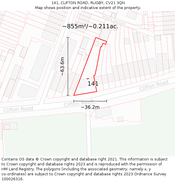 141, CLIFTON ROAD, RUGBY, CV21 3QN: Plot and title map