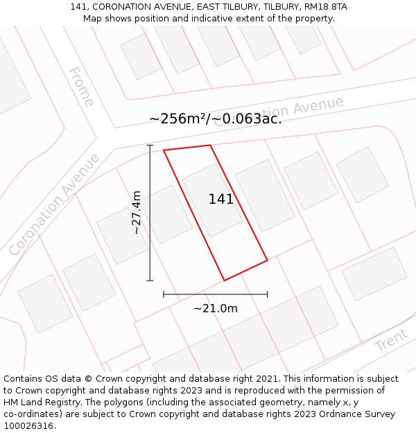 141, CORONATION AVENUE, EAST TILBURY, TILBURY, RM18 8TA: Plot and title map