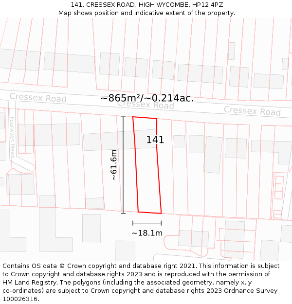 141, CRESSEX ROAD, HIGH WYCOMBE, HP12 4PZ: Plot and title map