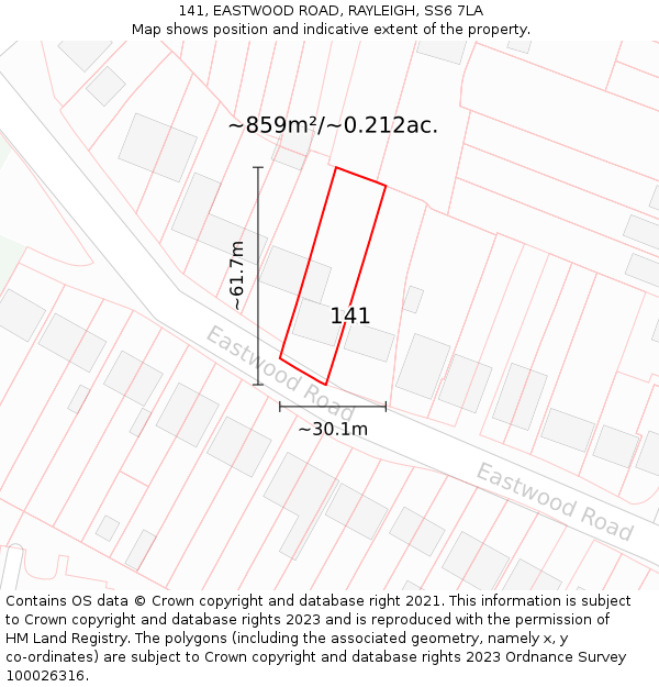 141, EASTWOOD ROAD, RAYLEIGH, SS6 7LA: Plot and title map