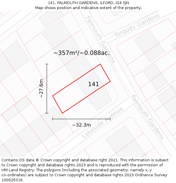 141, FALMOUTH GARDENS, ILFORD, IG4 5JN: Plot and title map