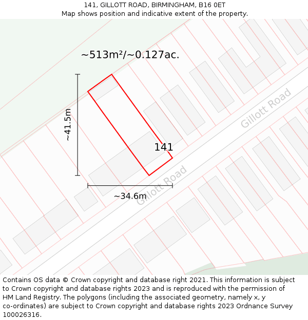 141, GILLOTT ROAD, BIRMINGHAM, B16 0ET: Plot and title map