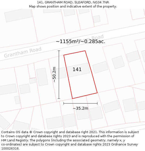 141, GRANTHAM ROAD, SLEAFORD, NG34 7NR: Plot and title map
