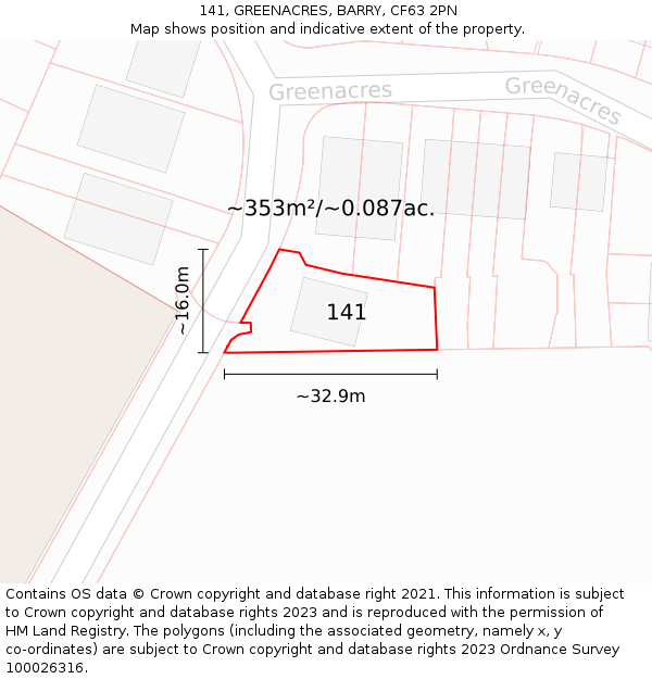 141, GREENACRES, BARRY, CF63 2PN: Plot and title map