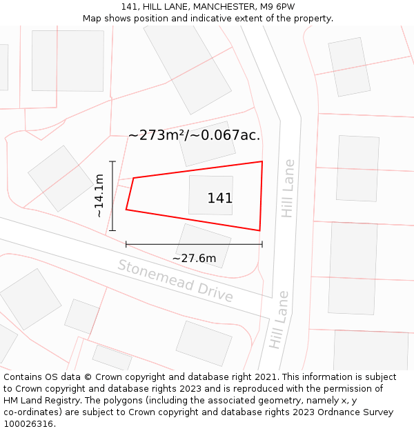 141, HILL LANE, MANCHESTER, M9 6PW: Plot and title map